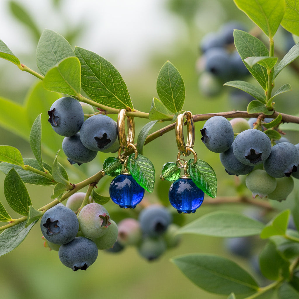 Handmade Fruit Jewelry Set, 18K Gold Plated Necklace and Earrings, Blueberry