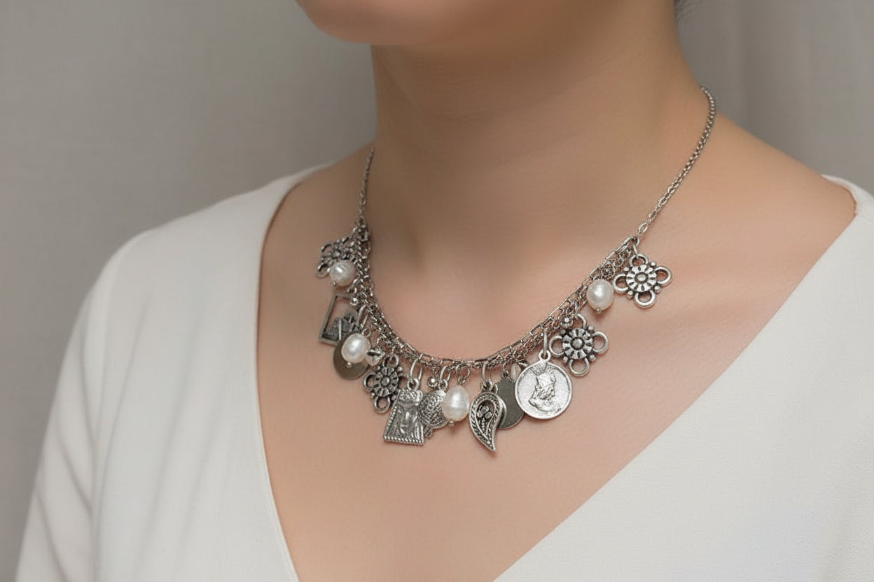 Armenian traditional  necklace with earrings  rhodium  plated stainless steel parts