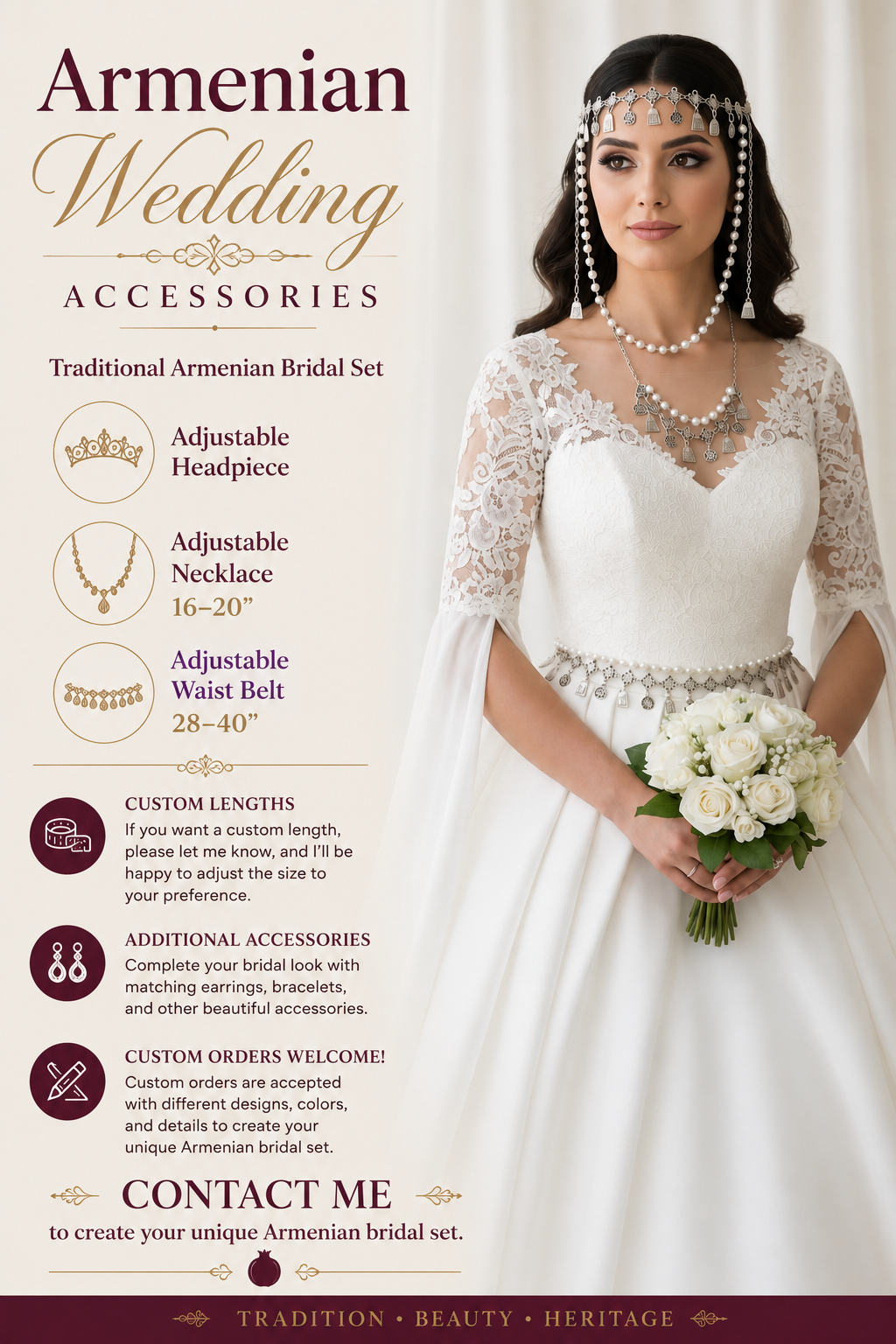 Armenian traditional headpiece with necklace and belt for wedding