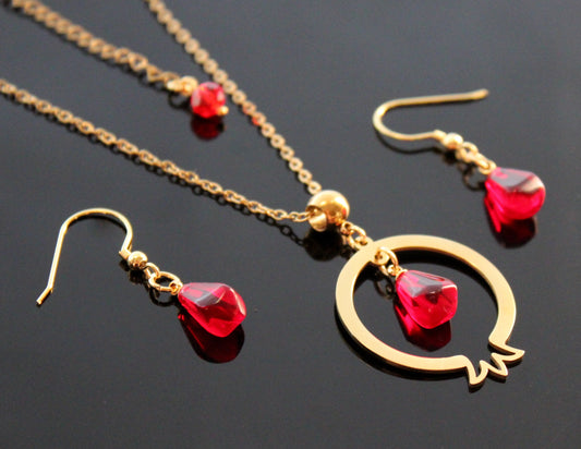 Pomegranate-shaped pendant and delicate matching earrings with glass beads