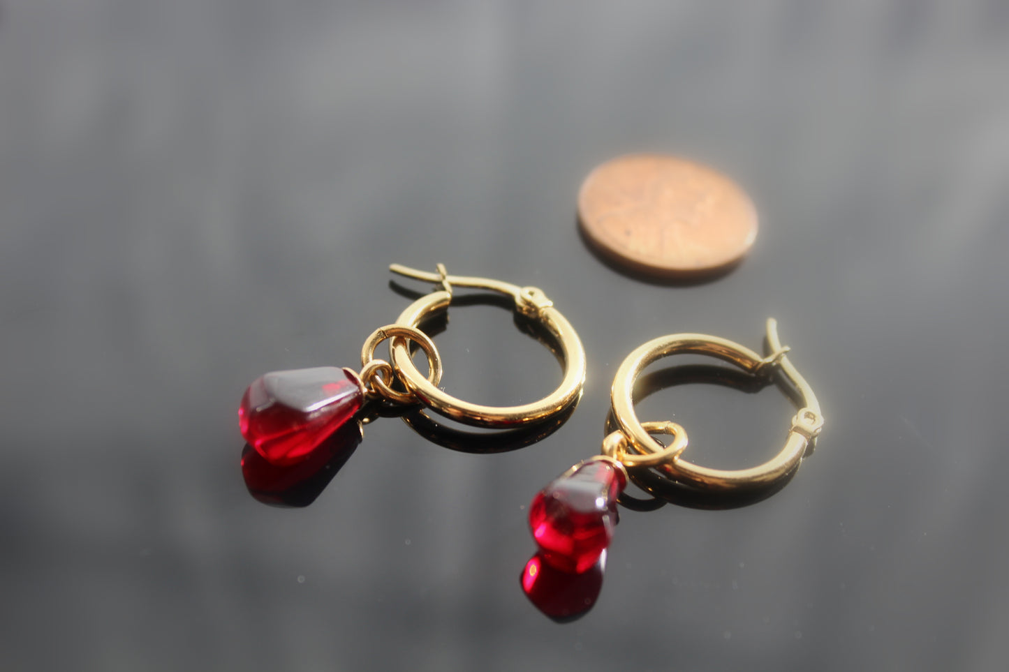 Pomegranate seeds hoop earrings and necklace  gold plated stainless  steel hypoallergenic jewelry
