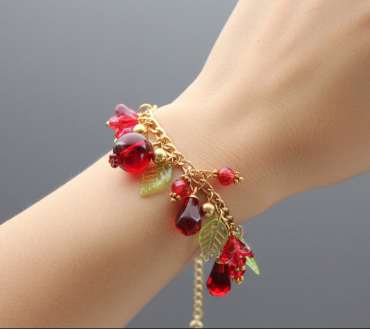 18K gold plated handmade stainless still pomegranate bracelet  with resin  beads