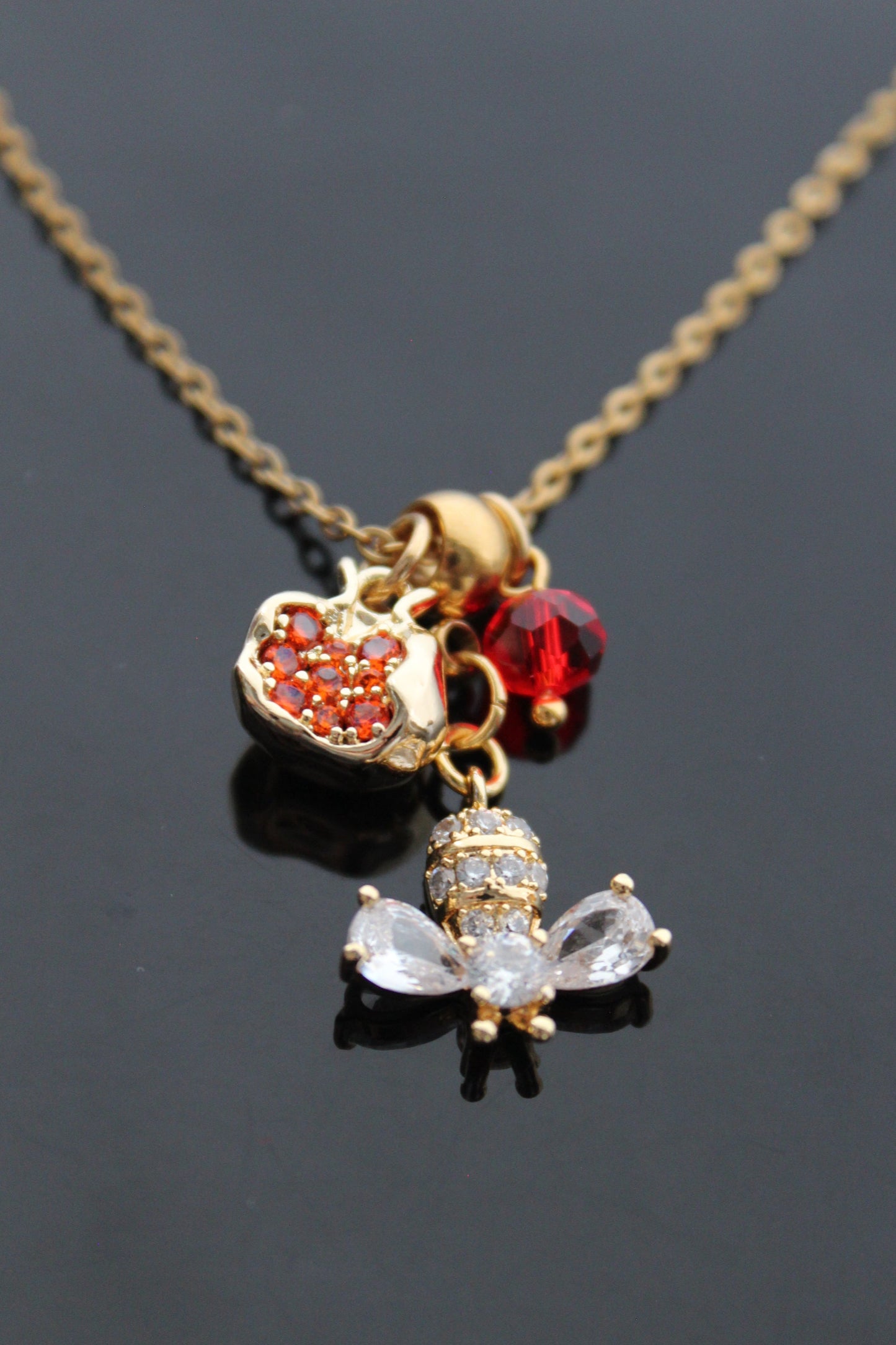 Crystal Bee pomegranate  gold plated necklace