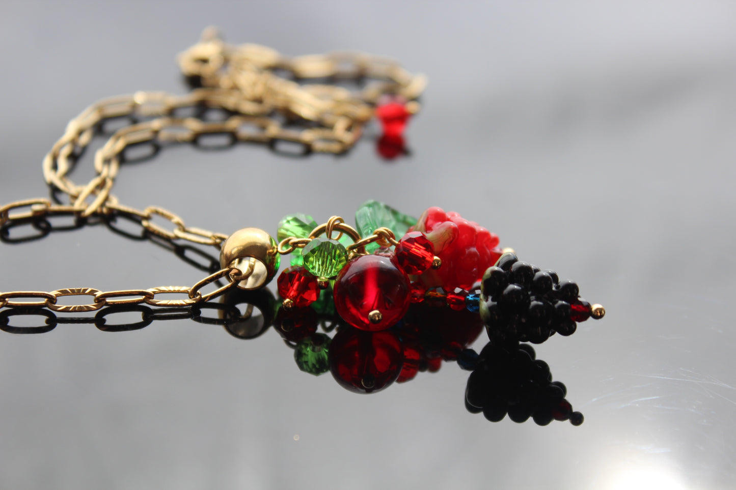 Hand Made Glass Raspberry Necklace with Gold Hardware