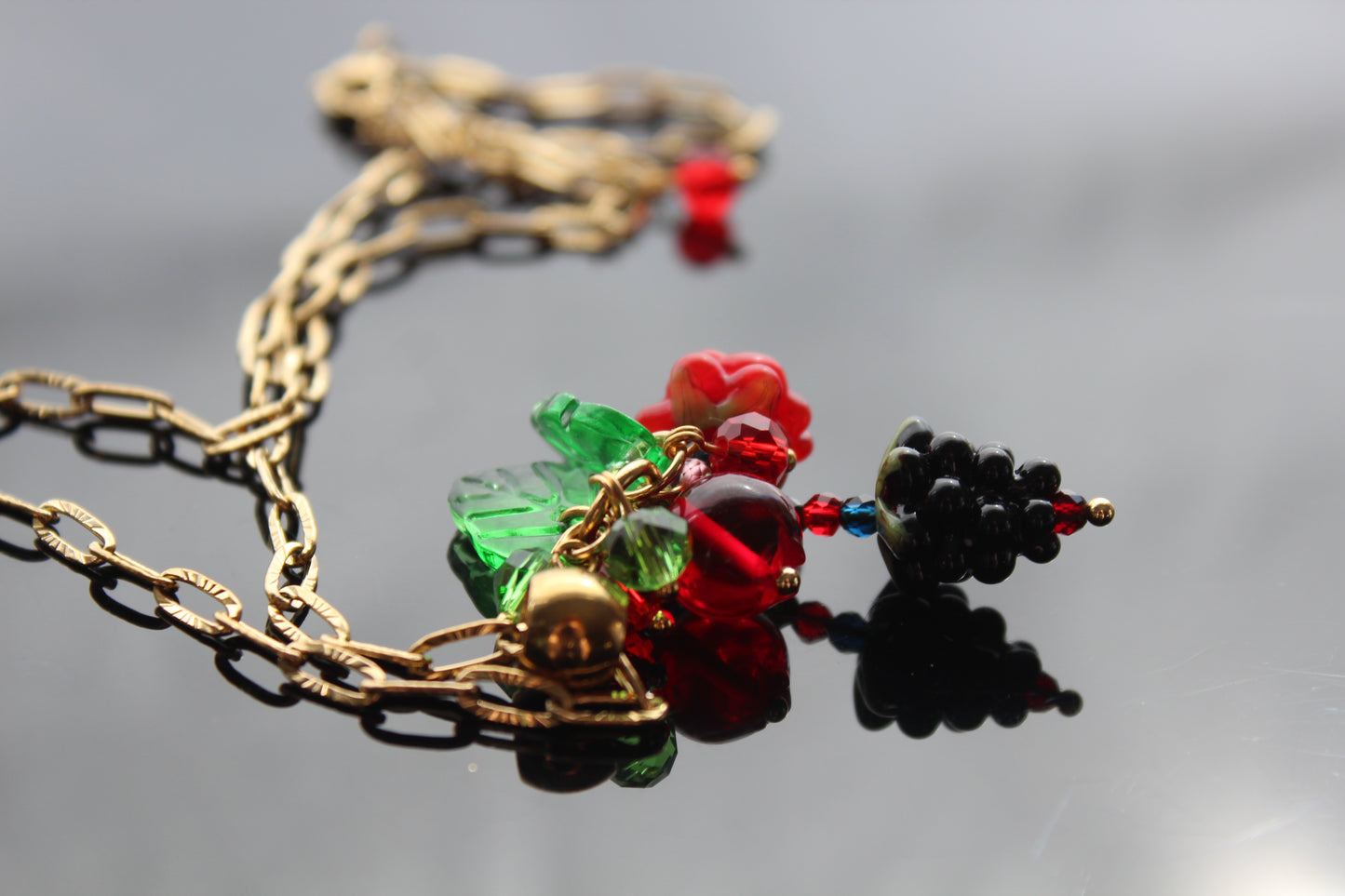 Hand Made Glass Raspberry Necklace with Gold Hardware