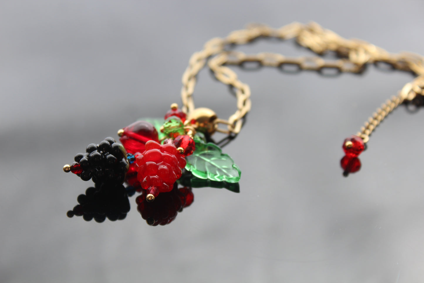 Hand Made Glass Raspberry Necklace with Gold Hardware