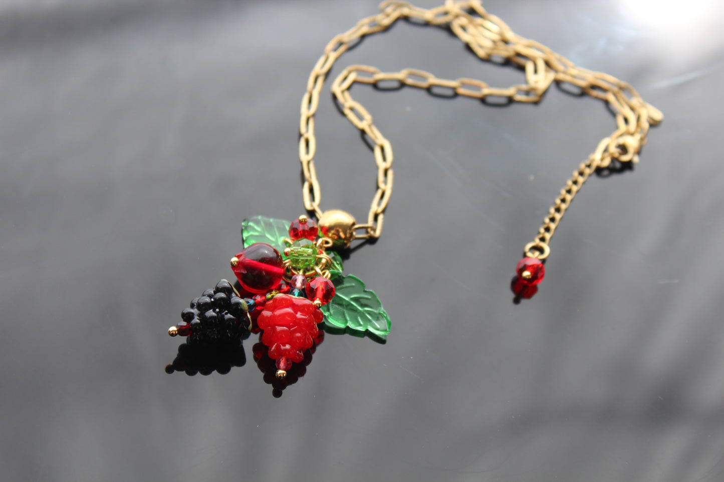 Hand Made Glass Raspberry Necklace with Gold Hardware