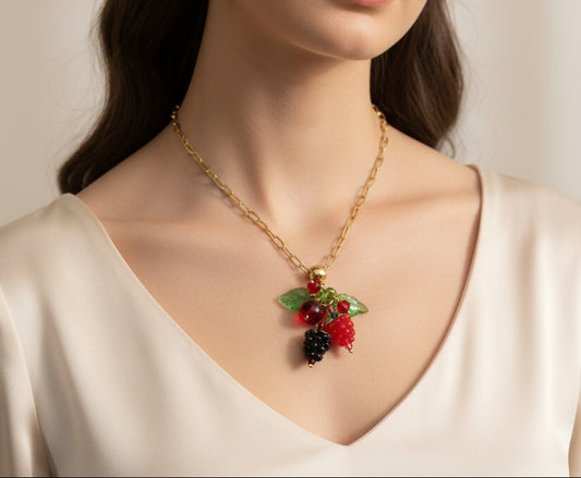 Hand Made Glass Raspberry Necklace with Gold Hardware