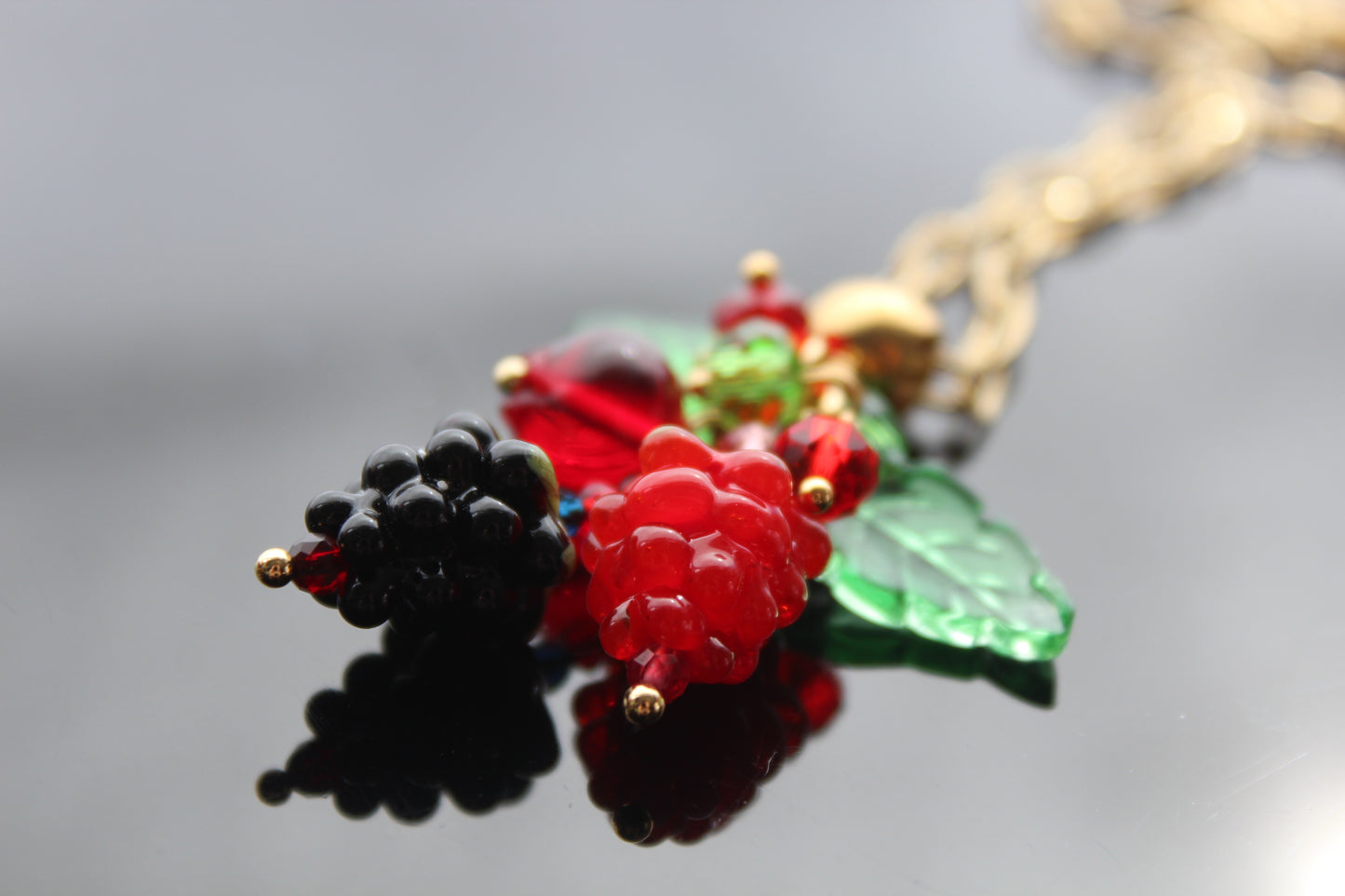 Hand Made Glass Raspberry Necklace with Gold Hardware