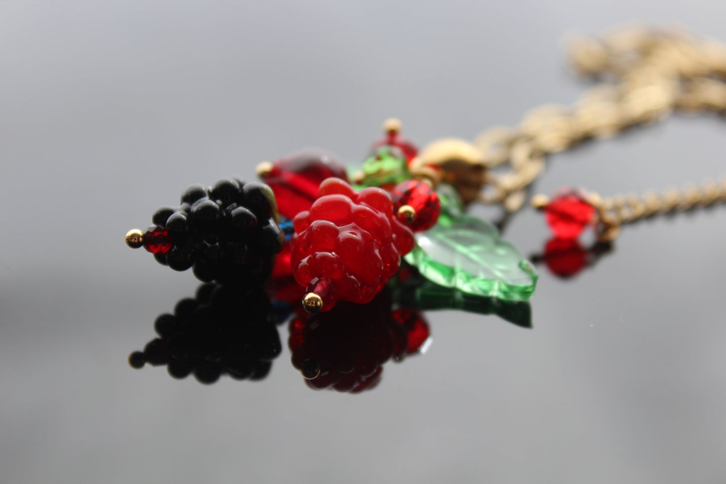 Hand Made Glass Raspberry Necklace with Gold Hardware