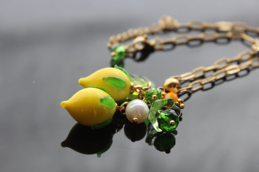 Hand Made Glass Lemon Necklace with Gold Hardware