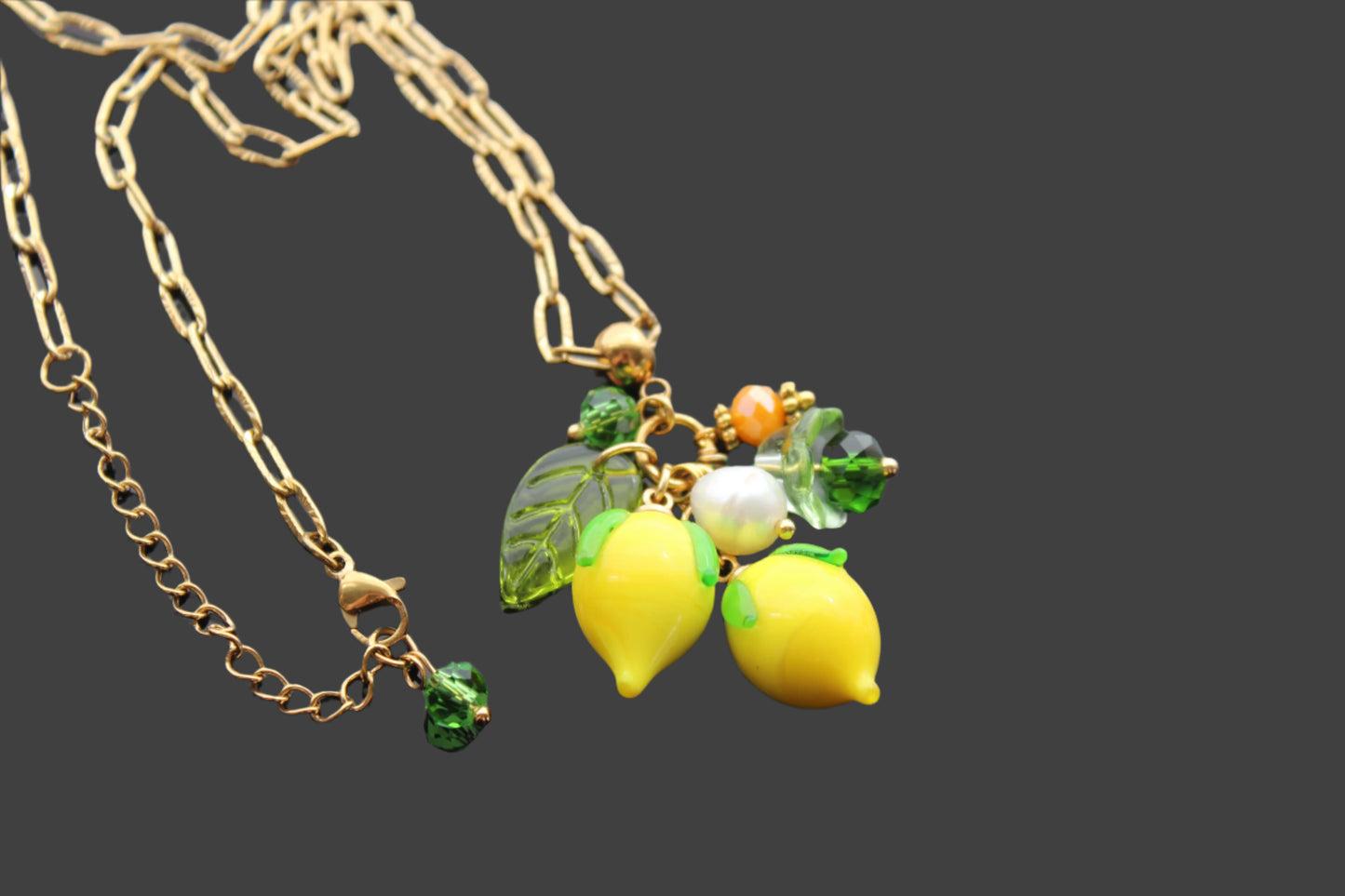 Hand Made Glass Lemon Necklace with Gold Hardware