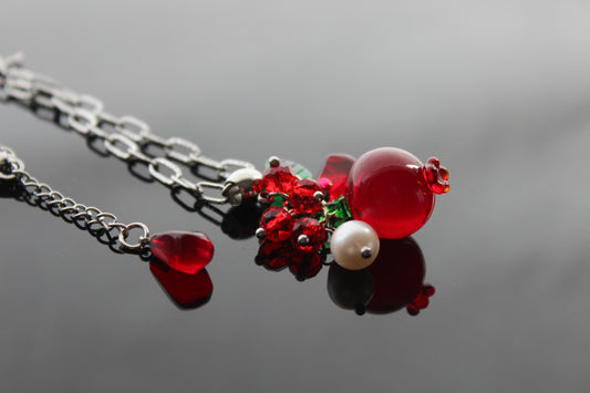 Hand Made Glass Pomegranate pendant necklace with Natural Pearl