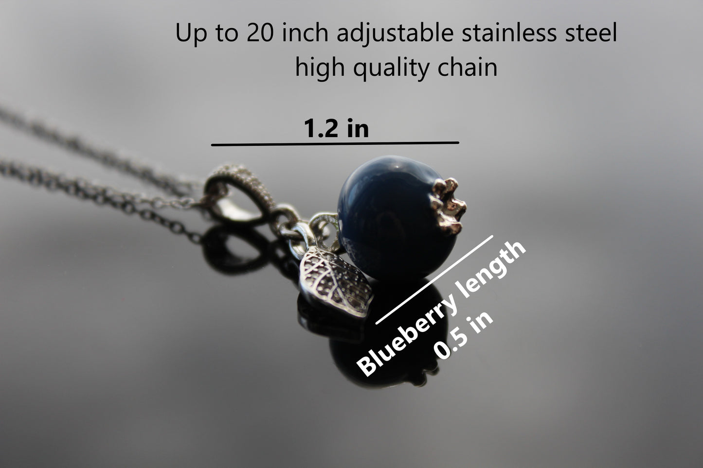 Handmade Enamel Blueberry Pendant Necklace with Crystal Leaf, Silver Chain, Blue