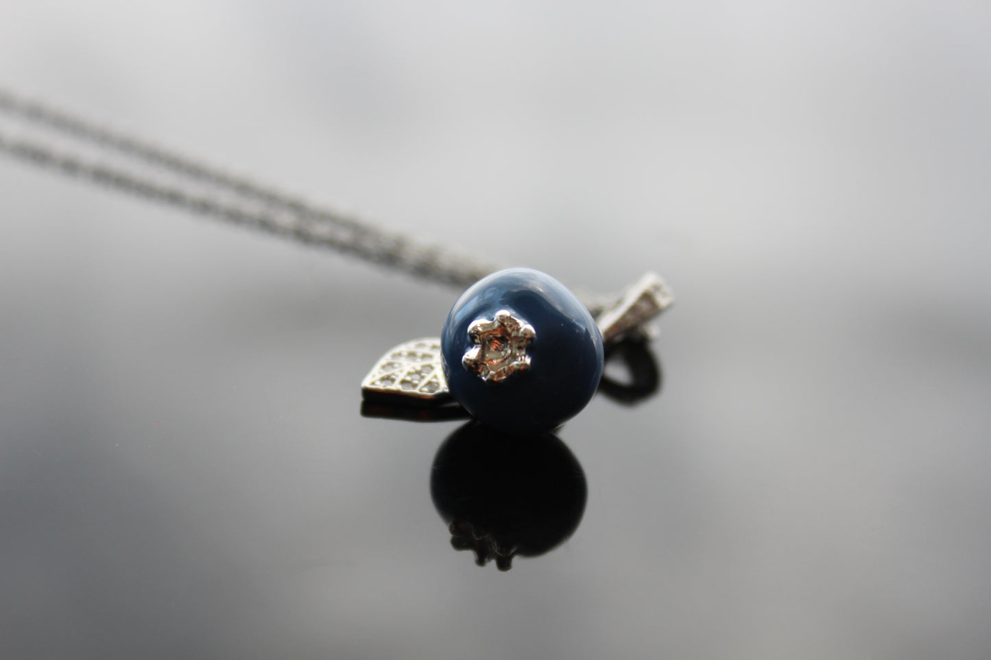Handmade Enamel Blueberry Pendant Necklace with Crystal Leaf, Silver Chain, Blue