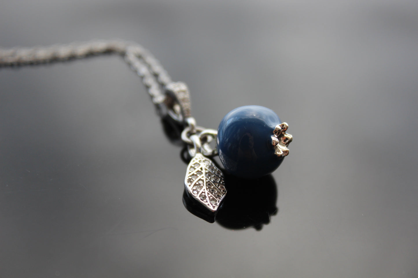 Handmade Enamel Blueberry Pendant Necklace with Crystal Leaf, Silver Chain, Blue