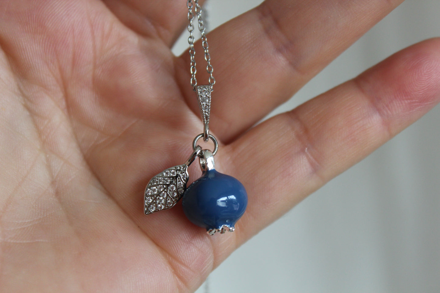 Handmade Enamel Blueberry Pendant Necklace with Crystal Leaf, Silver Chain, Blue