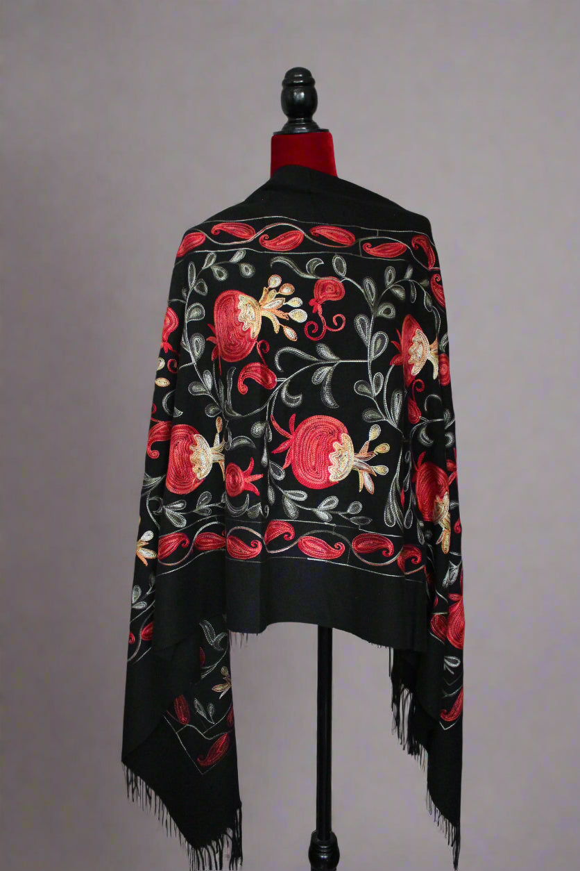 27-70 in Embroidered Cashmere  Scarf with Pomegranates Black and Gray