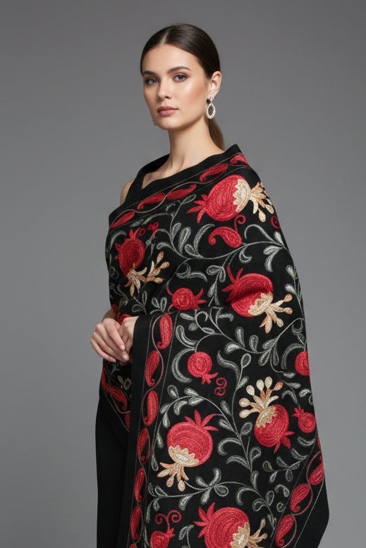 27-70 in Embroidered Cashmere  Scarf with Pomegranates Black and Gray