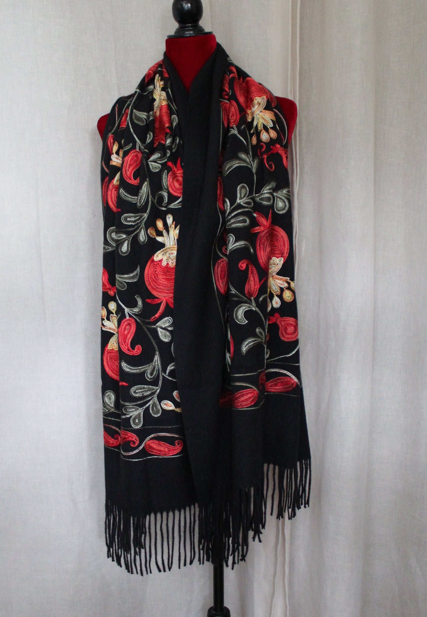 27-70 in Embroidered Cashmere  Scarf with Pomegranates Black and Gray
