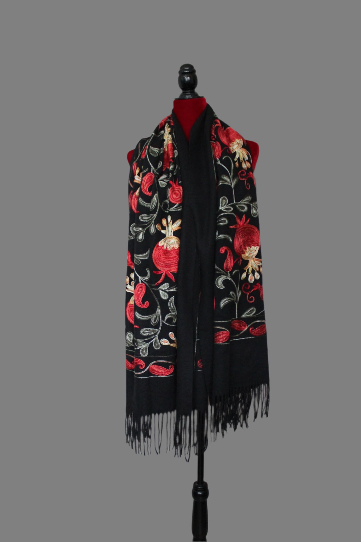 27-70 in Embroidered Cashmere  Scarf with Pomegranates Black and Gray