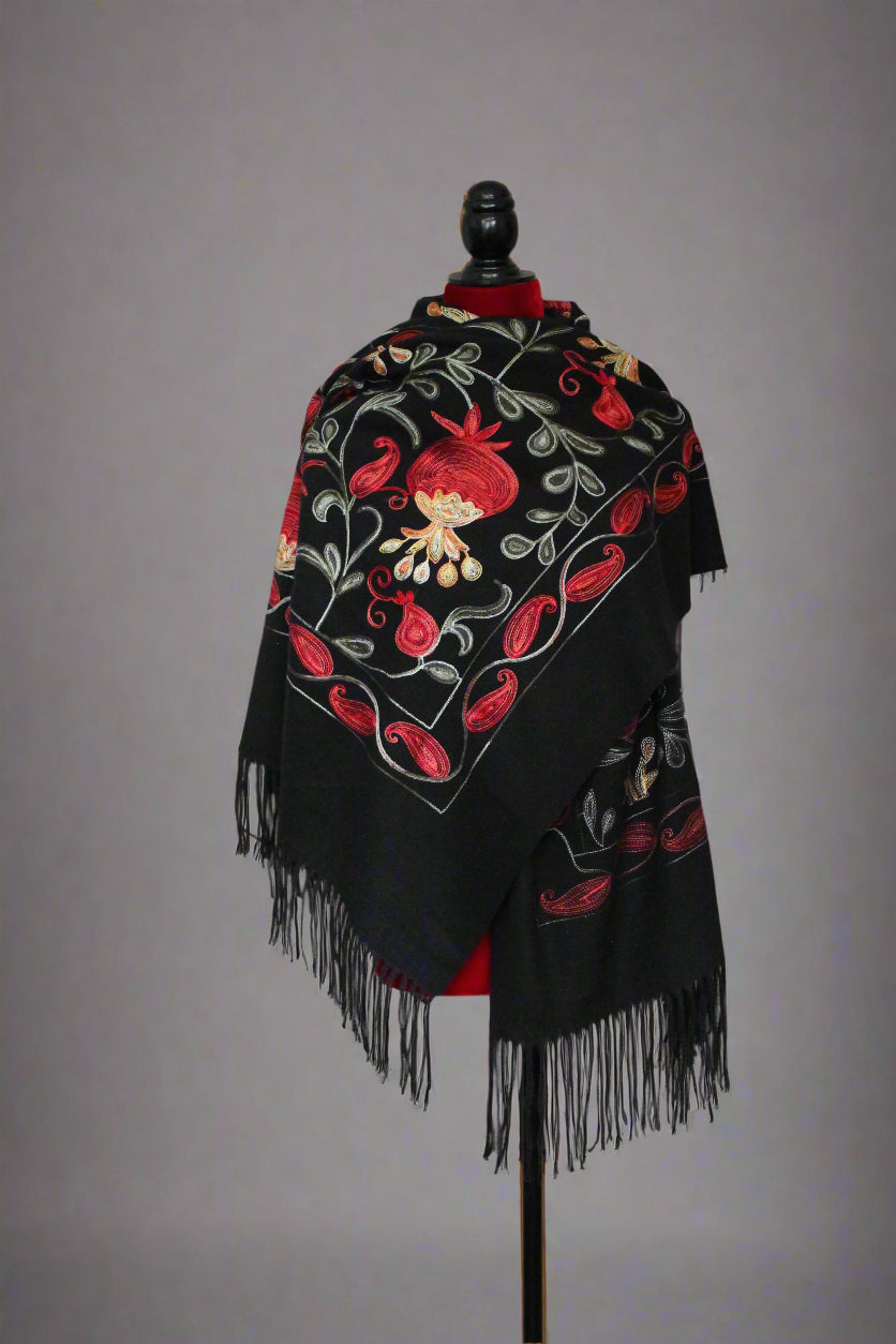 27-70 in Embroidered Cashmere  Scarf with Pomegranates Black and Gray