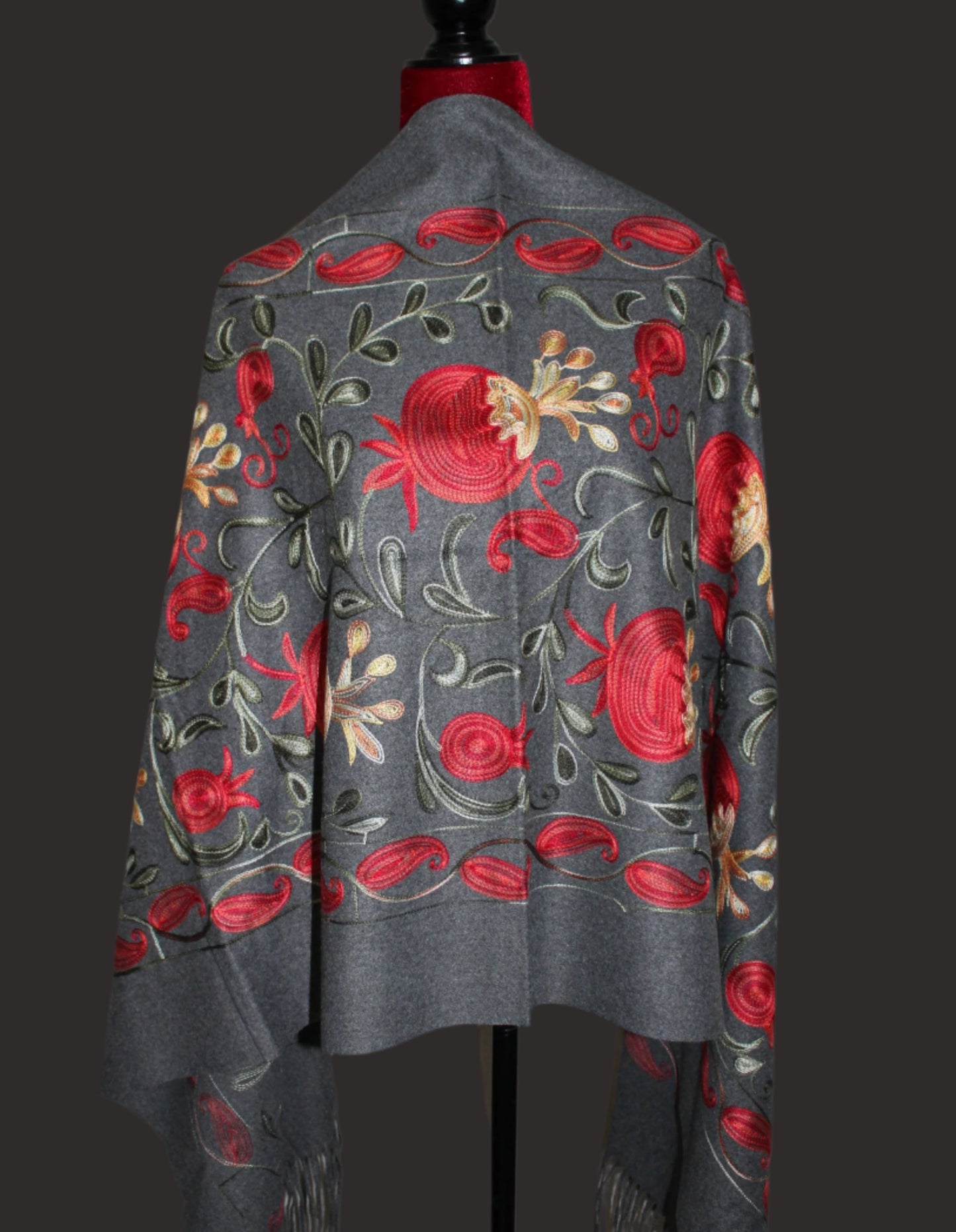 27-70 in Embroidered Cashmere  Scarf with Pomegranates Black and Gray