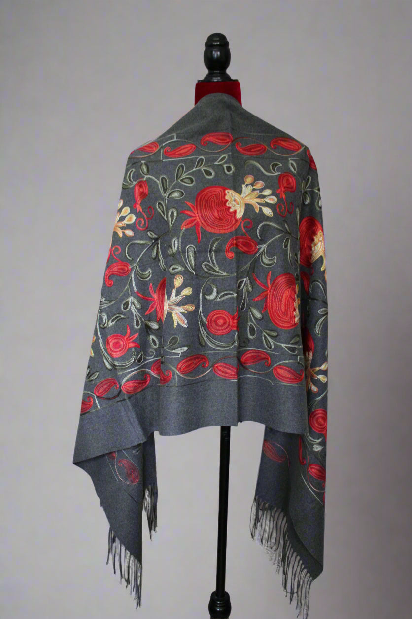 27-70 in Embroidered Cashmere  Scarf with Pomegranates Black and Gray