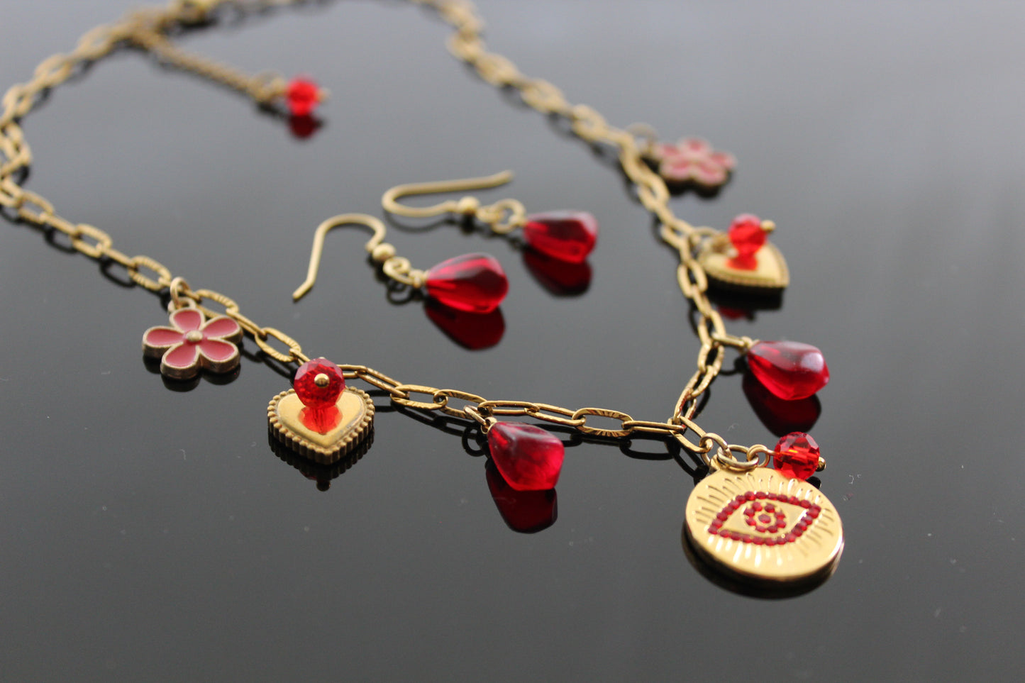 Handmade Evil Eyes Charm Pomegranate floral necklace  with earrings