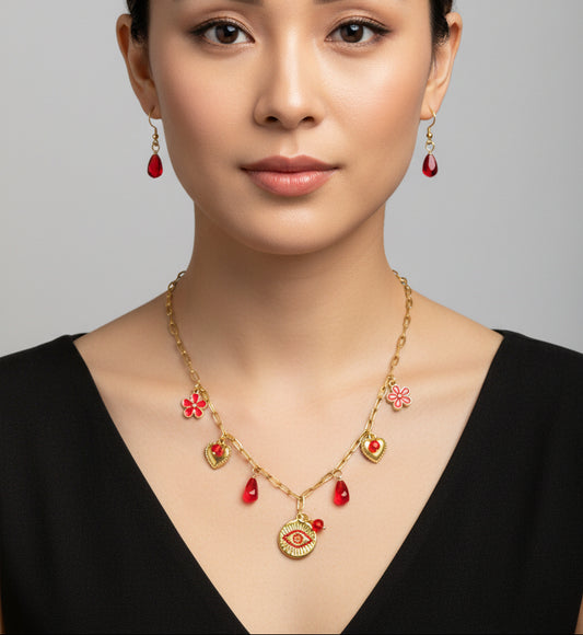 Handmade Evil Eyes Charm Pomegranate floral necklace  with earrings