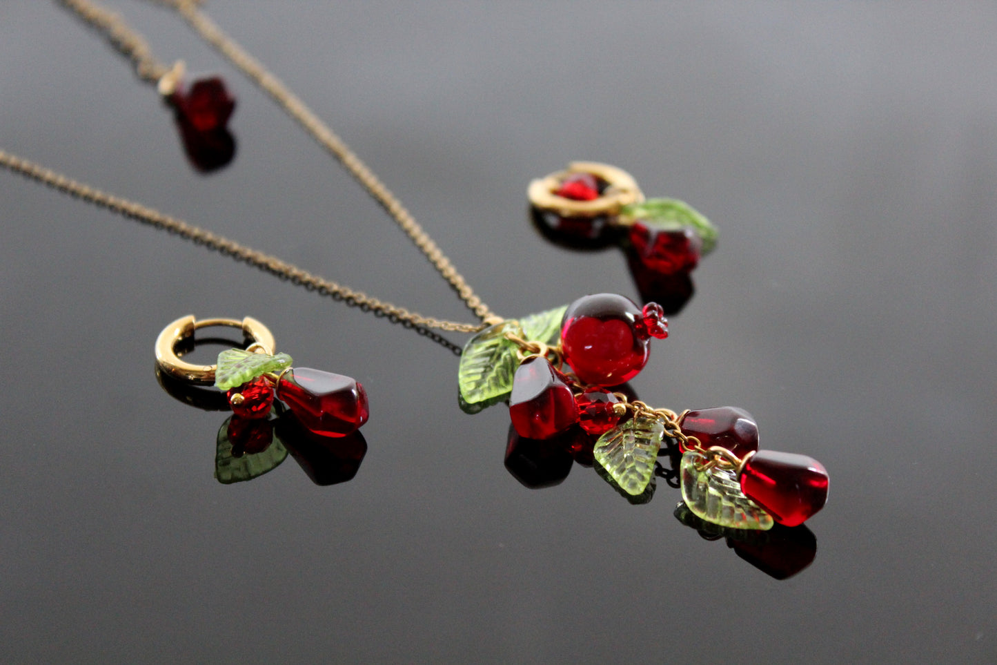 Handmade Fruit Jewelry Set, 18K Gold Plated Necklace and Earrings, Pomegranates
