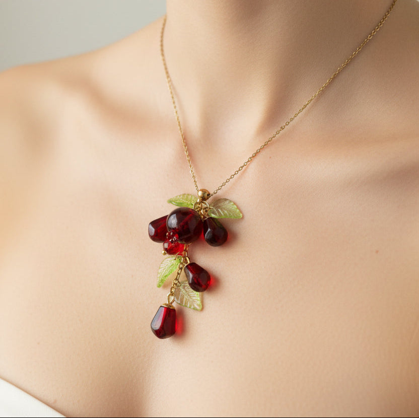 Handmade Fruit Jewelry Set, 18K Gold Plated Necklace and Earrings, Pomegranates