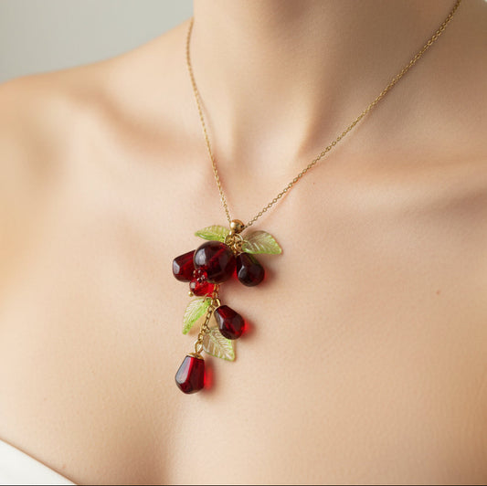 Handmade Fruit Jewelry Set, 18K Gold Plated Necklace and Earrings, Pomegranates
