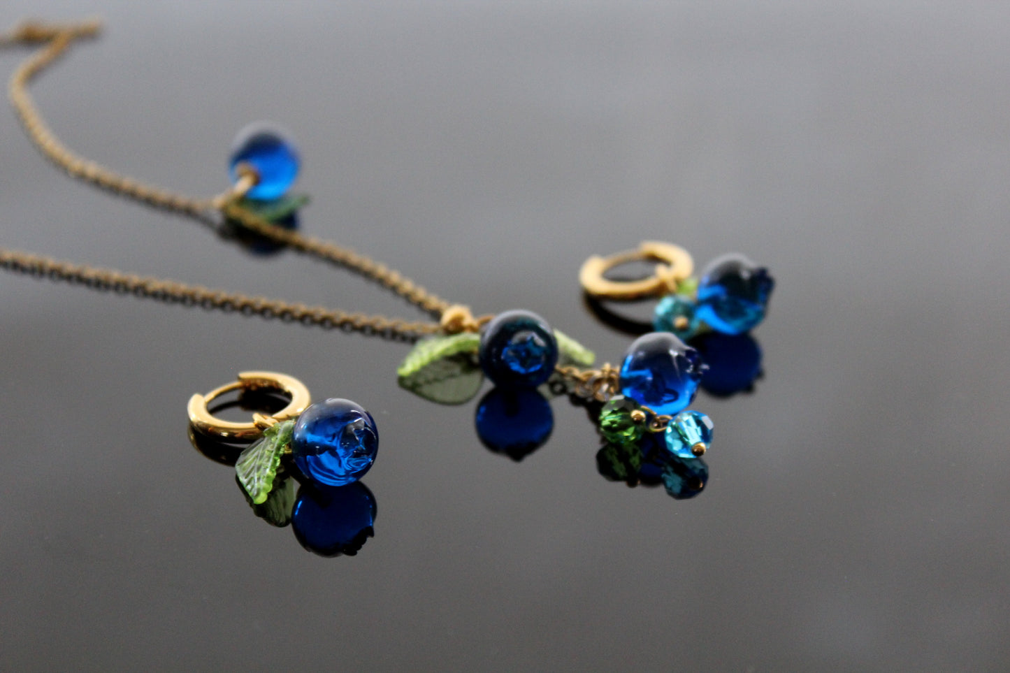 Handmade Fruit Jewelry Set, 18K Gold Plated Necklace and Earrings, Blueberry