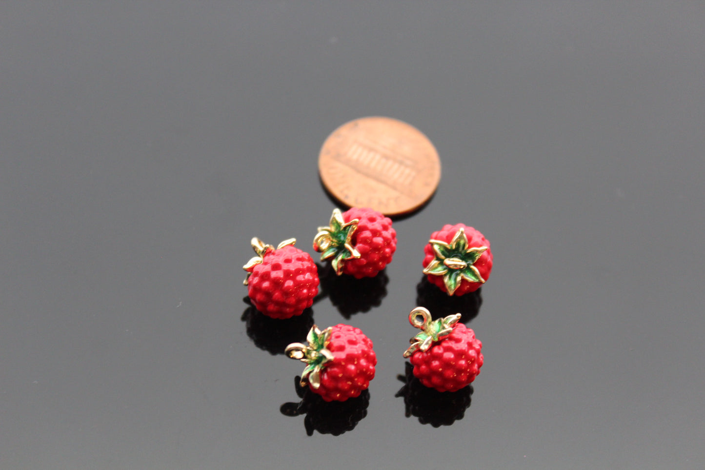 Red enamel metal raspberry beads for jewelry making