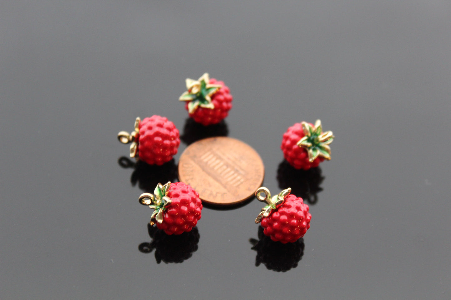 Red enamel metal raspberry beads for jewelry making