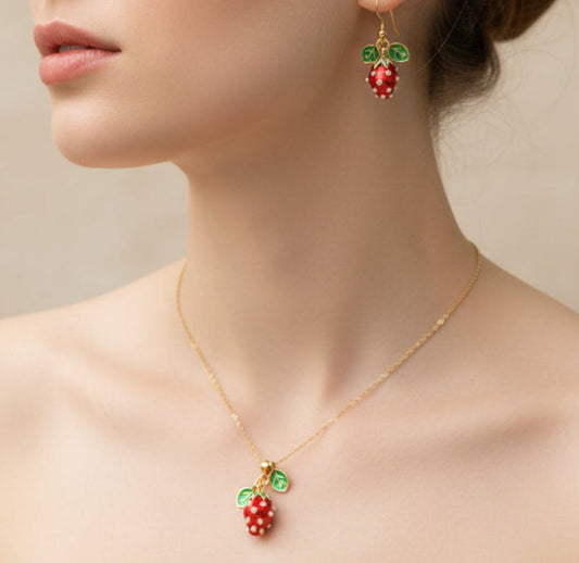 Handmade Enamel Stainless Steel Hypoallergenic Jewelry Set Strawberry Jewelry