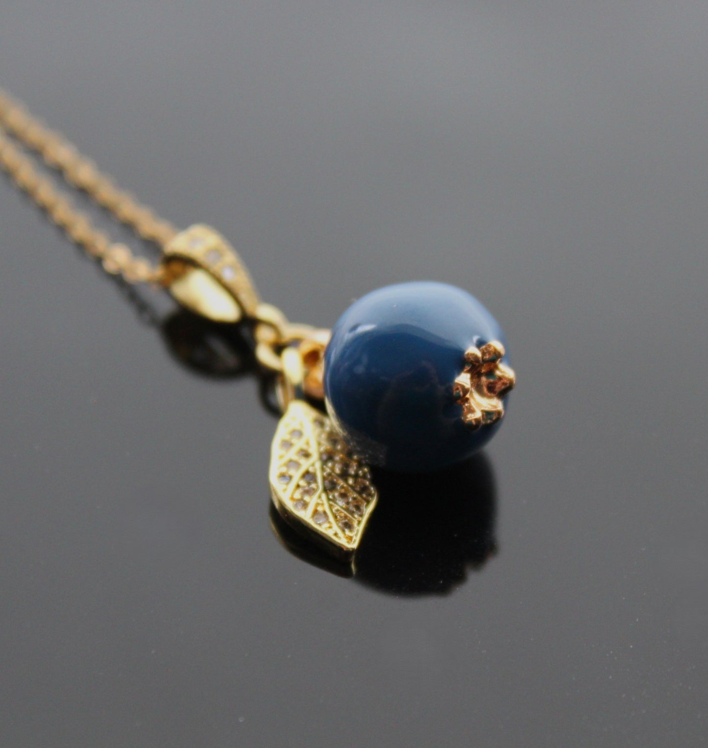 Handmade Enamel Blueberry Pendant Necklace with Crystal Leaf, Silver Chain, Blue