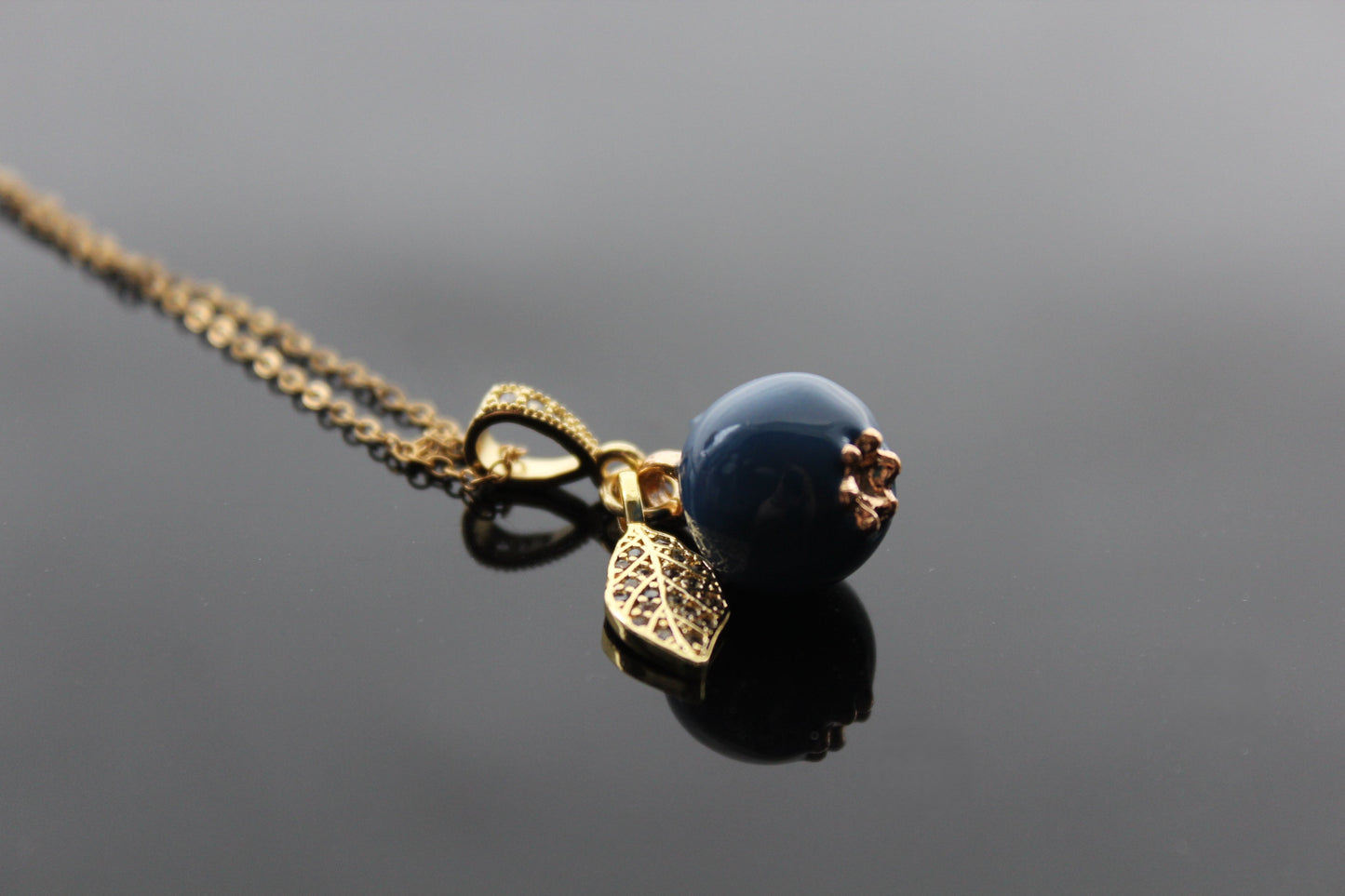 Handmade Enamel Blueberry Pendant Necklace with Crystal Leaf, Silver Chain, Blue