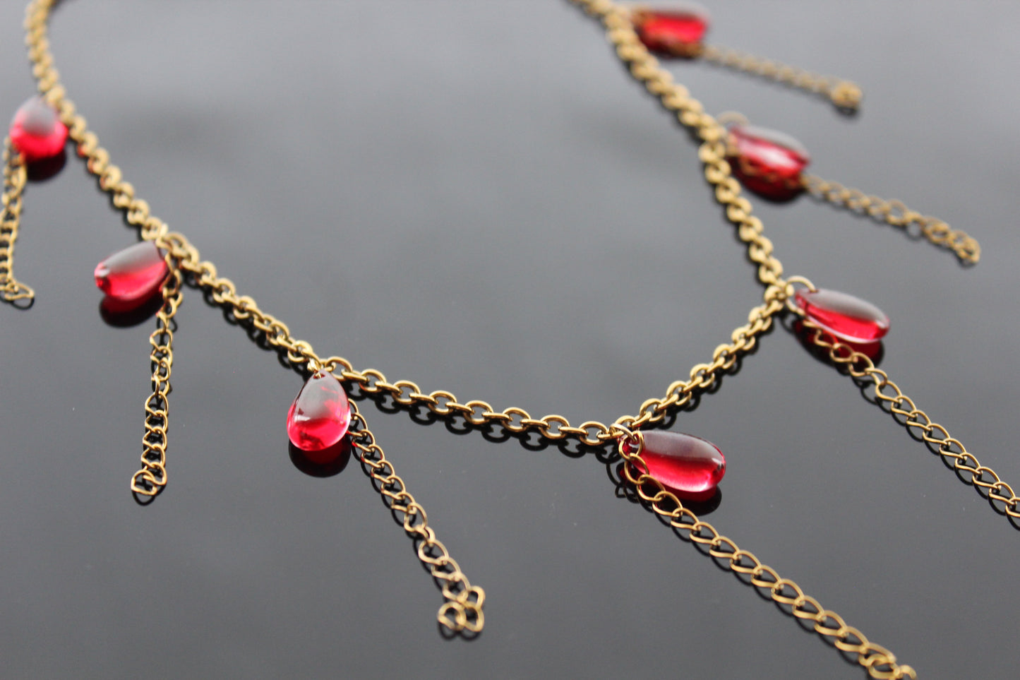 Handmade red drop glass beads necklace  with hanging chains