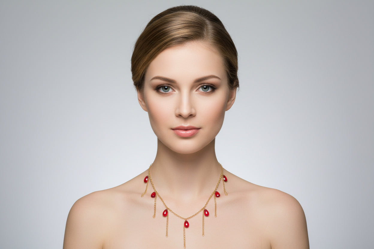 Handmade red drop glass beads necklace  with hanging chains