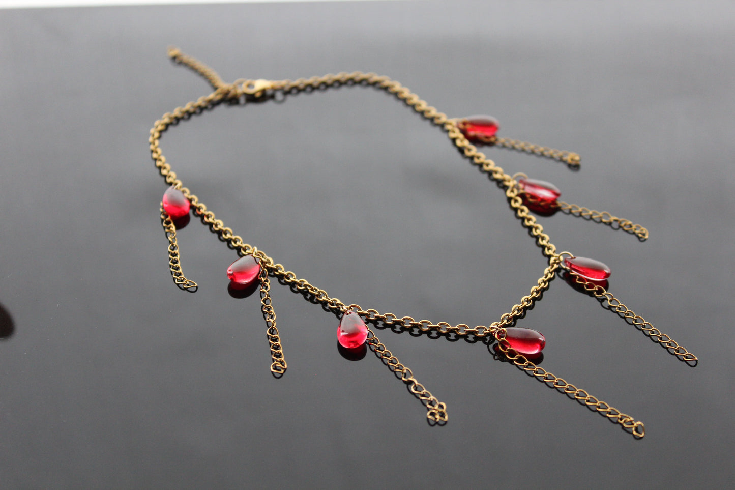 Handmade red drop glass beads necklace  with hanging chains