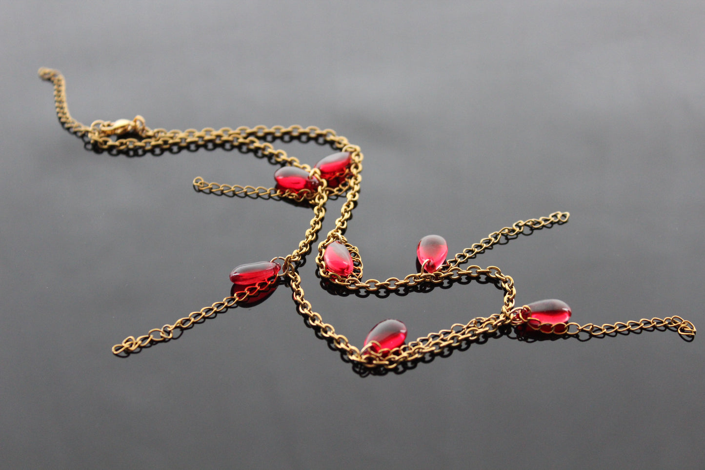Handmade red drop glass beads necklace  with hanging chains