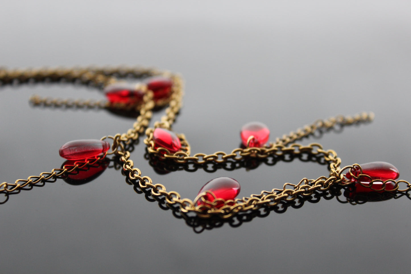 Handmade red drop glass beads necklace  with hanging chains