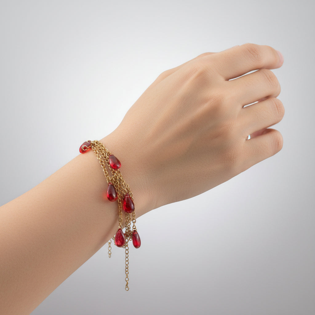 Handmade red drop glass beads necklace  with hanging chains