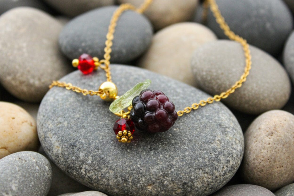 Blackberry Pendant Necklace, Handmade Hypoallergenic, Gold Plated Stainless Steel,  Nature Theme, Adjustable 16-18 Inch