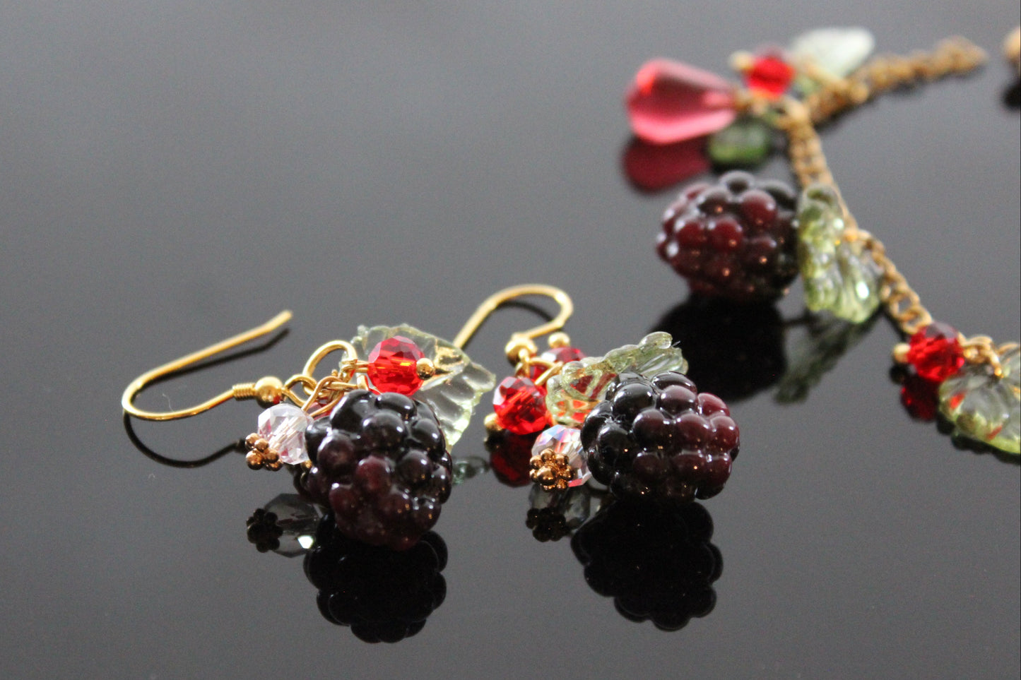 Handmade blackberry  jewelry with hypoallergenic gold plated stainless steel hardware and resin glass beads