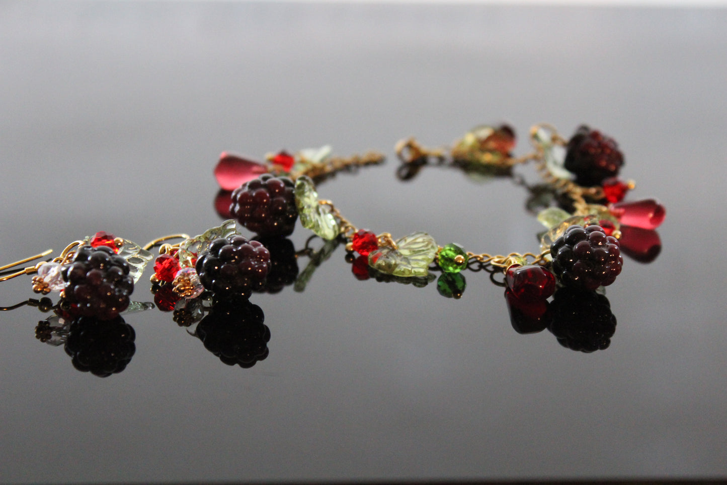 Handmade blackberry  jewelry with hypoallergenic gold plated stainless steel hardware and resin glass beads