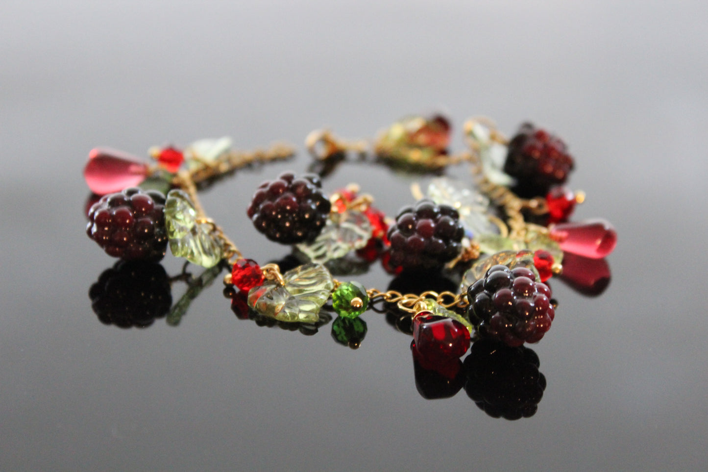 Handmade blackberry  jewelry with hypoallergenic gold plated stainless steel hardware and resin glass beads