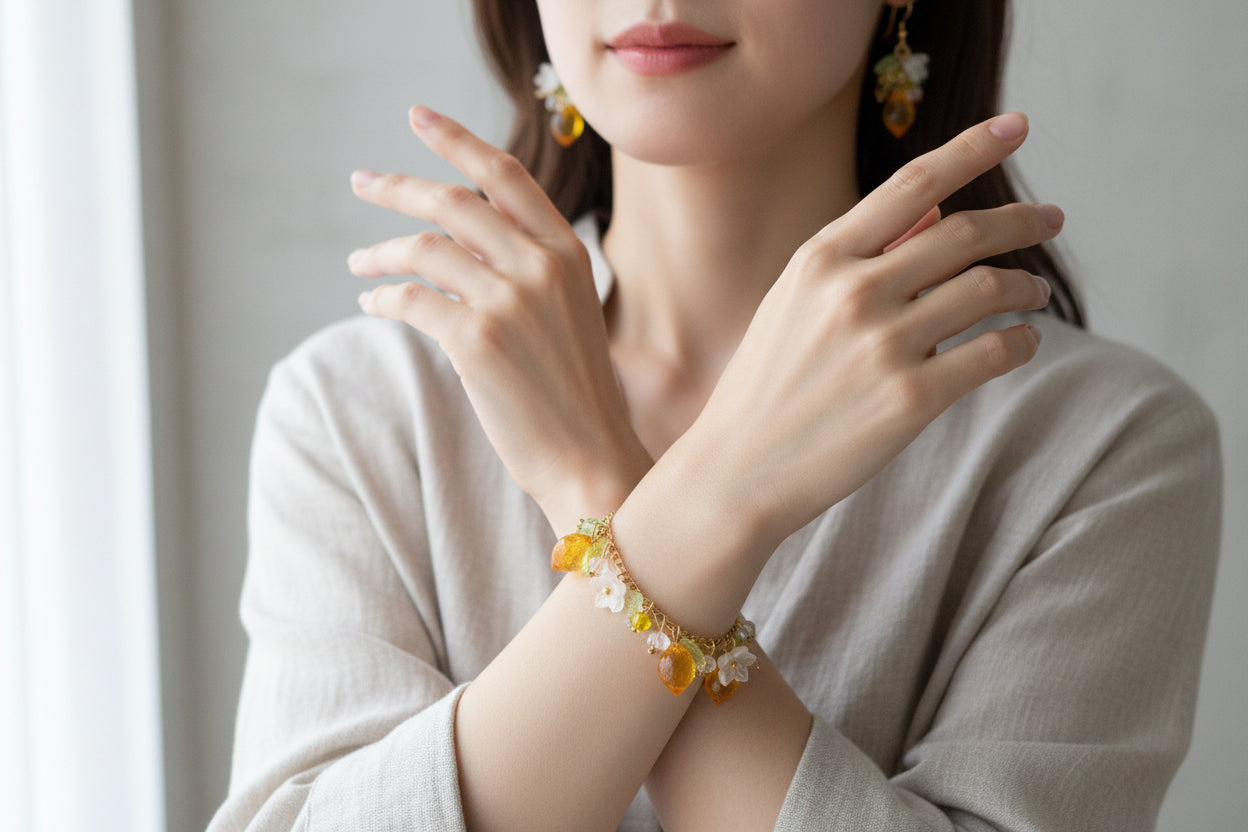 Handmade lemon  jewelry with hypoallergenic gold plated stainless steel hardware and resin glass beads